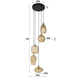 Misuna - Loftlampe med fem ravfarvede glasskrme