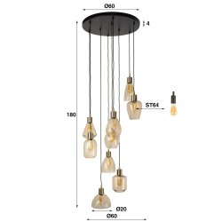 Misuna - Loftlampe med ni ravfarvede glasskrme