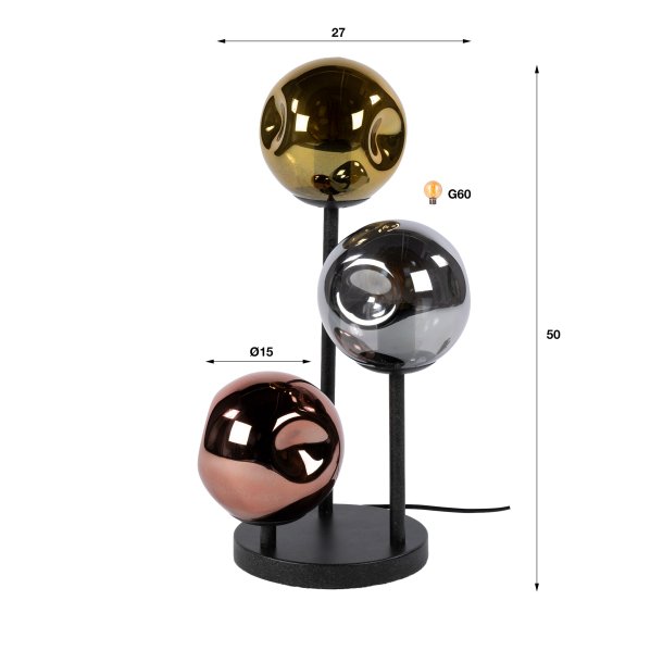 Triblet � Bordslampa med tre glassk�rmar och svart metall