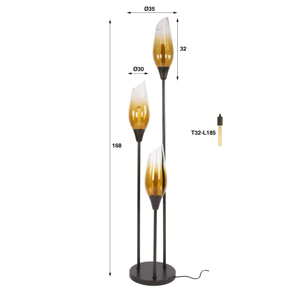 Kubo - Golvlampa med tre brunf�rgade glassk�rmar, h�jd 168 cm