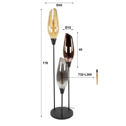 Kubo - Gulvlampe med tre forskellige glasskrme, hjde 178 cm