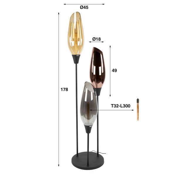 Kubo - Gulvlampe med tre forskellige glasskrme, hjde 178 cm