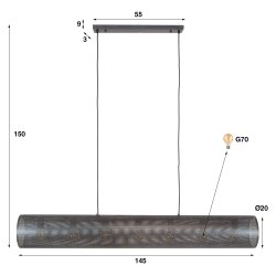 Rollo - Loftlampe i cylinderformet sort perforeret metal, lngde 145 cm.