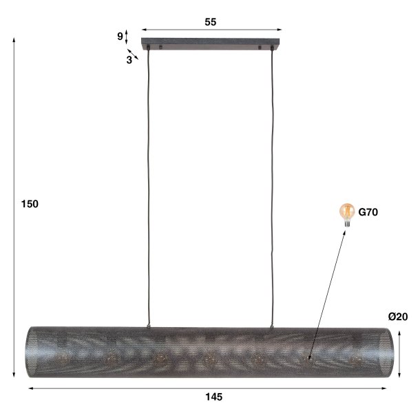 Rollo - Loftlampe i cylinderformet sort perforeret metal, lngde 145 cm.