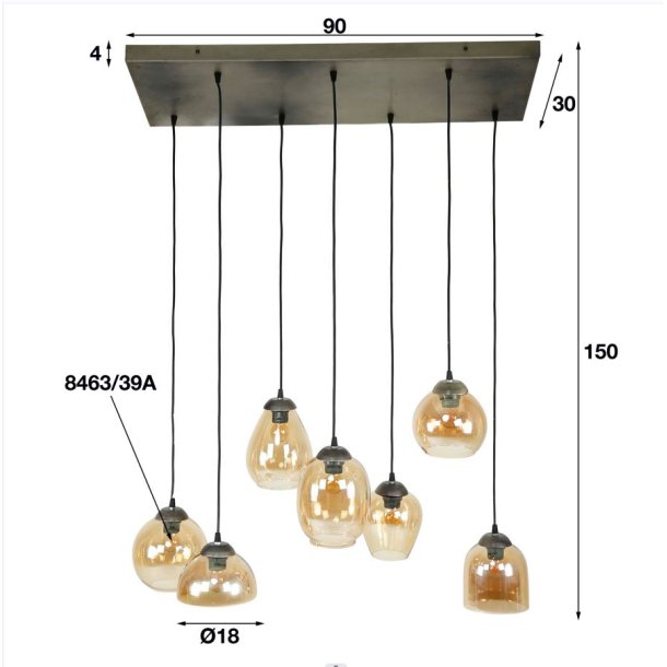 Sunshine - Loftlampe med syv forskellige skrme i ravfarvet glas