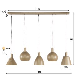Itica - Loftlampe med fem forskellig formede lampeskrme i beige metal