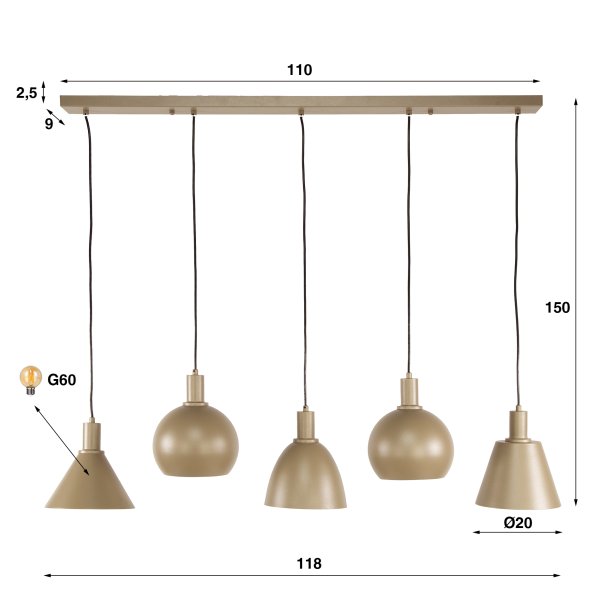 Itica - Loftlampe med fem forskellig formede lampeskrme i beige metal