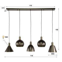 Itica - Loftlampe med fem forskellig formede lampeskrme i Sienna brun metal