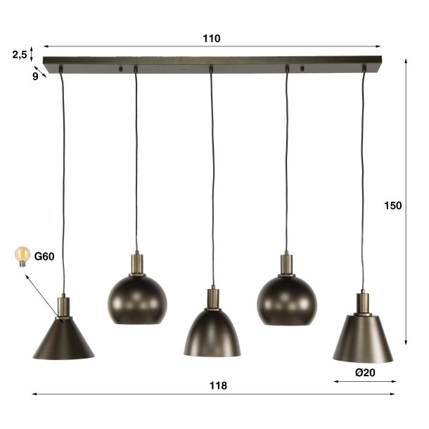 Itica - Loftlampe med fem forskellig formede lampeskrme i Sienna brun metal