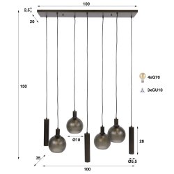 Bambino - Taklampa med en kombination av sju kupoler i glas och brun metall