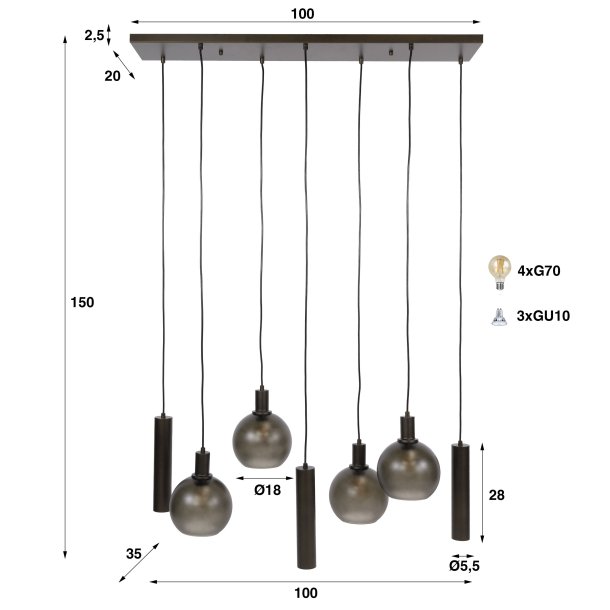 Bambino - Taklampa med en kombination av sju kupoler i glas och brun metall