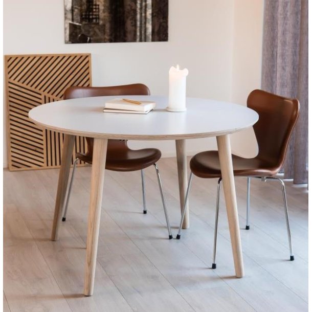 DT 100 - Rundt spisebord med 1 tillgsplade i hvid laminat, fire strrelser