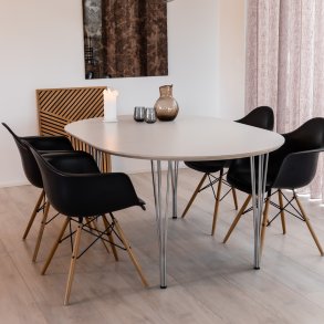 DT 100 - Rundt spisebord med 2 tillægsplader i hvid laminat, fire størrelser