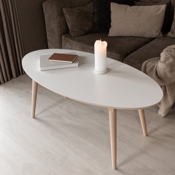 CT 10 - Elipseformet sofabord i hvid laminat og stel i eg