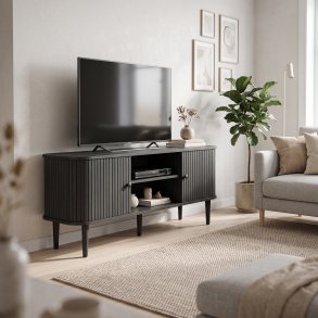 Smoke � TV-b�nk i svart tr� med tv� skjutd�rrar och ett hyllplan
