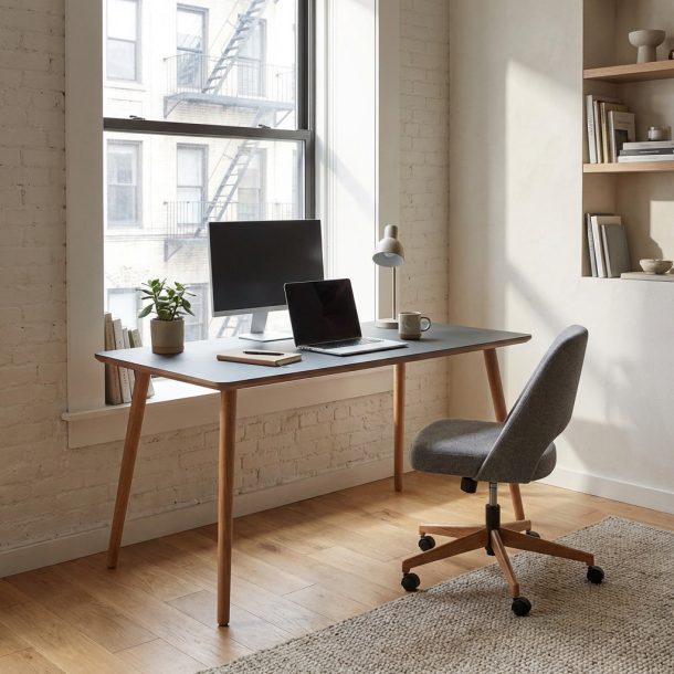 Dimm - Skrivebord, m�rkegr� h�jtrykslaminat, ege ben