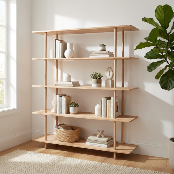 Loop - Reol med fem hylder i massiv eg og bredde 140 cm