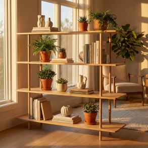 Loop - Reol med fire hylder i massiv eg og bredde 140 cm