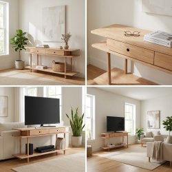 Loop - Konsolbord/tv-bord med tre hylder og to skuffer i massiv eg