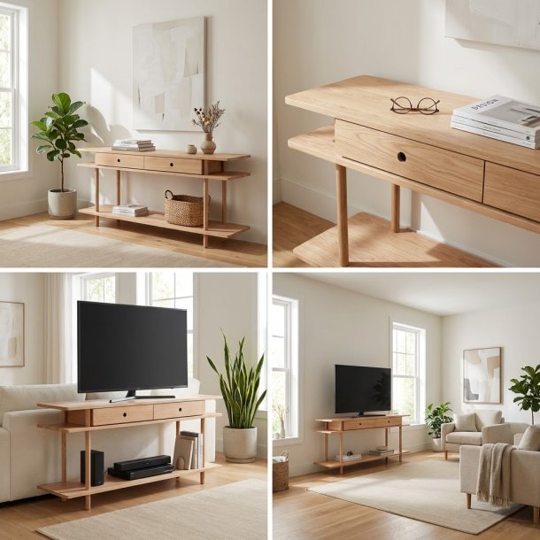 Loop - Konsolbord/tv-bord med tre hylder og to skuffer i massiv eg