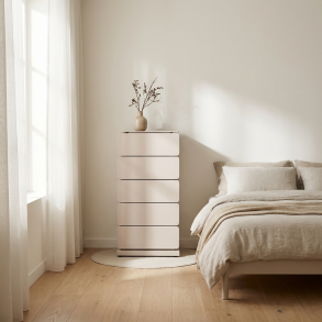 Carson - Kommode med fem skuffer i silky taupe farvet metal