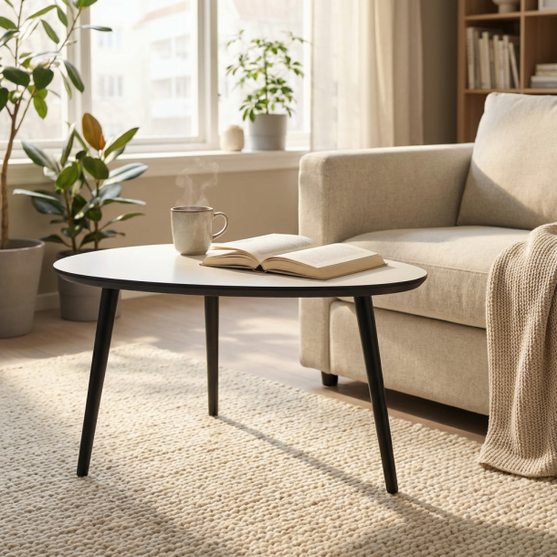 CT 20 - Dr�beformet sofabord i hvid laminat med sorte tr�ben, v�lg mellem 3 st�rrelser