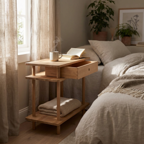 Slinga - Bokhylla med tre hyllplan och en l�da i massiv ek