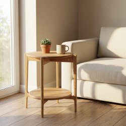 Sweden, Rundt hj�rnebord i massiv eg med hylde og fem forskellige finish. � 51 x h�jde 55 cm