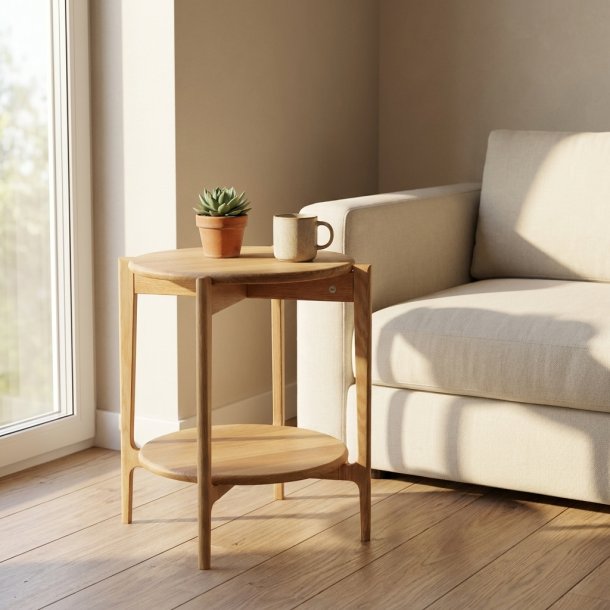 Sweden, Rundt hj�rnebord i massiv eg med hylde og fem forskellige finish. � 51 x h�jde 55 cm