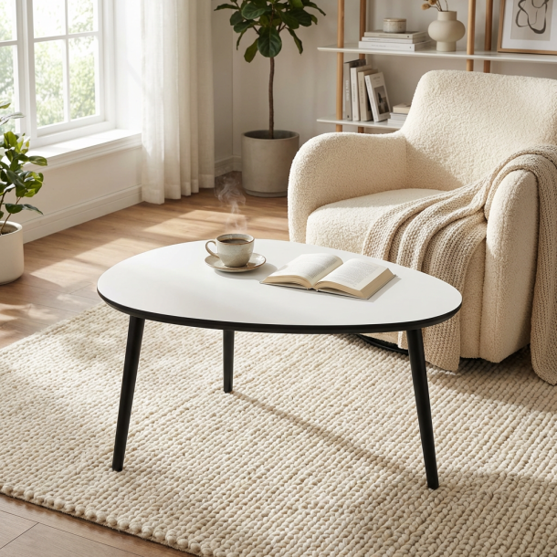 CT 20 - Dr�beformet sofabord i hvid laminat med sorte tr�ben, v�lg mellem 3 st�rrelser