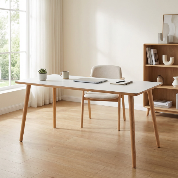 Dimm - Skrivebord, hvid h�jtrykslaminat, ege ben