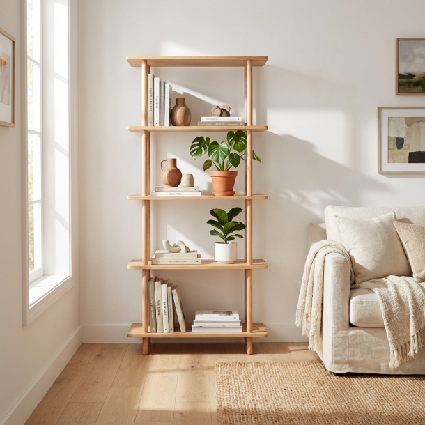 Loop - Reol med fem hylder i massiv eg og bredde 70 cm