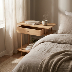 Slinga - Bokhylla med tre hyllplan och en l�da i massiv ek