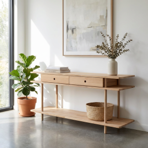 Loop - Konsolbord/tv-bord med tre hylder og to skuffer i massiv eg