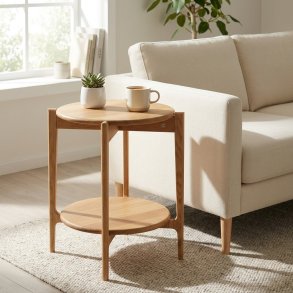 Sweden, Rundt hj�rnebord i massiv eg med hylde og fem forskellige finish. � 51 x h�jde 55 cm