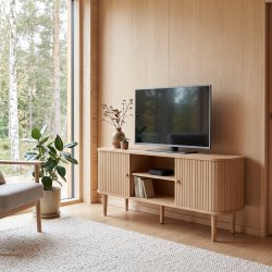 Smoke � TV-b�nk i ljus tr� med tv� skjutd�rrar och ett hyllplan