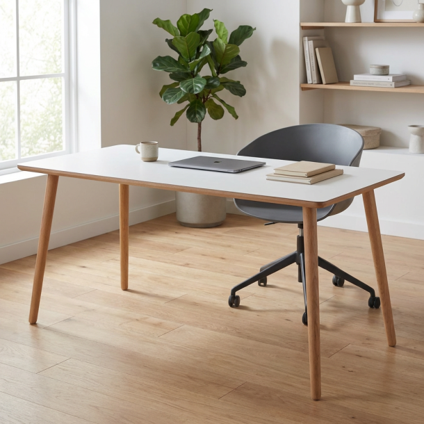 Dimm - Skrivebord, hvid h�jtrykslaminat, ege ben