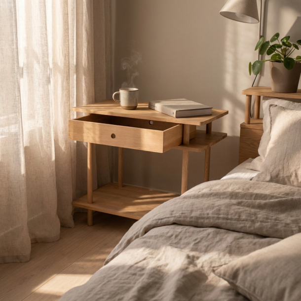 Slinga - Bokhylla med tre hyllplan och en l�da i massiv ek