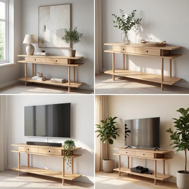 Loop - Konsolbord/tv-bord med tre hylder og to skuffer i massiv eg