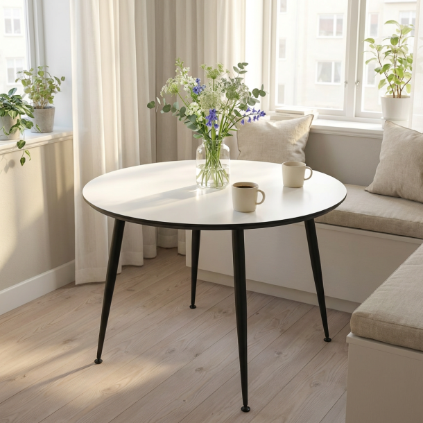 DT 110 - Spisebord i hvid laminat med sorte metal ben