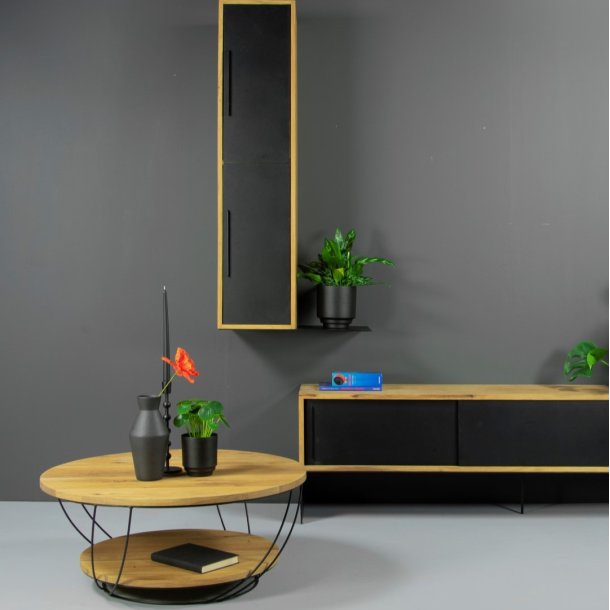 Kinski - Sofabord i stl og egetr, diameter 80 cm.