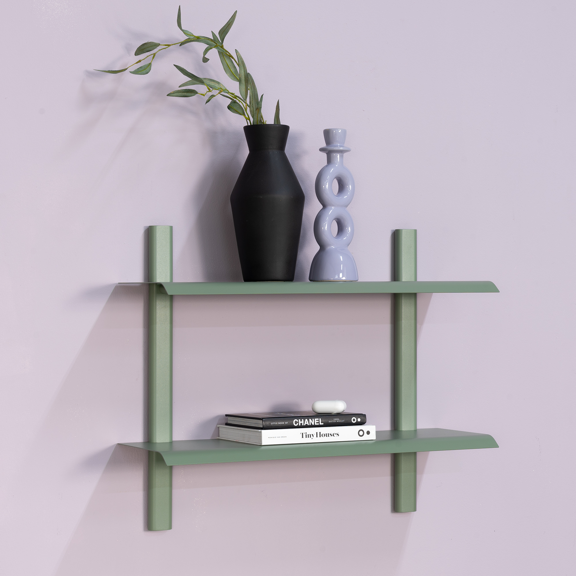 Repisa - Dobbelt væghylde i metal, 5 farver, bredde 60 cm. Støvet grøn metal