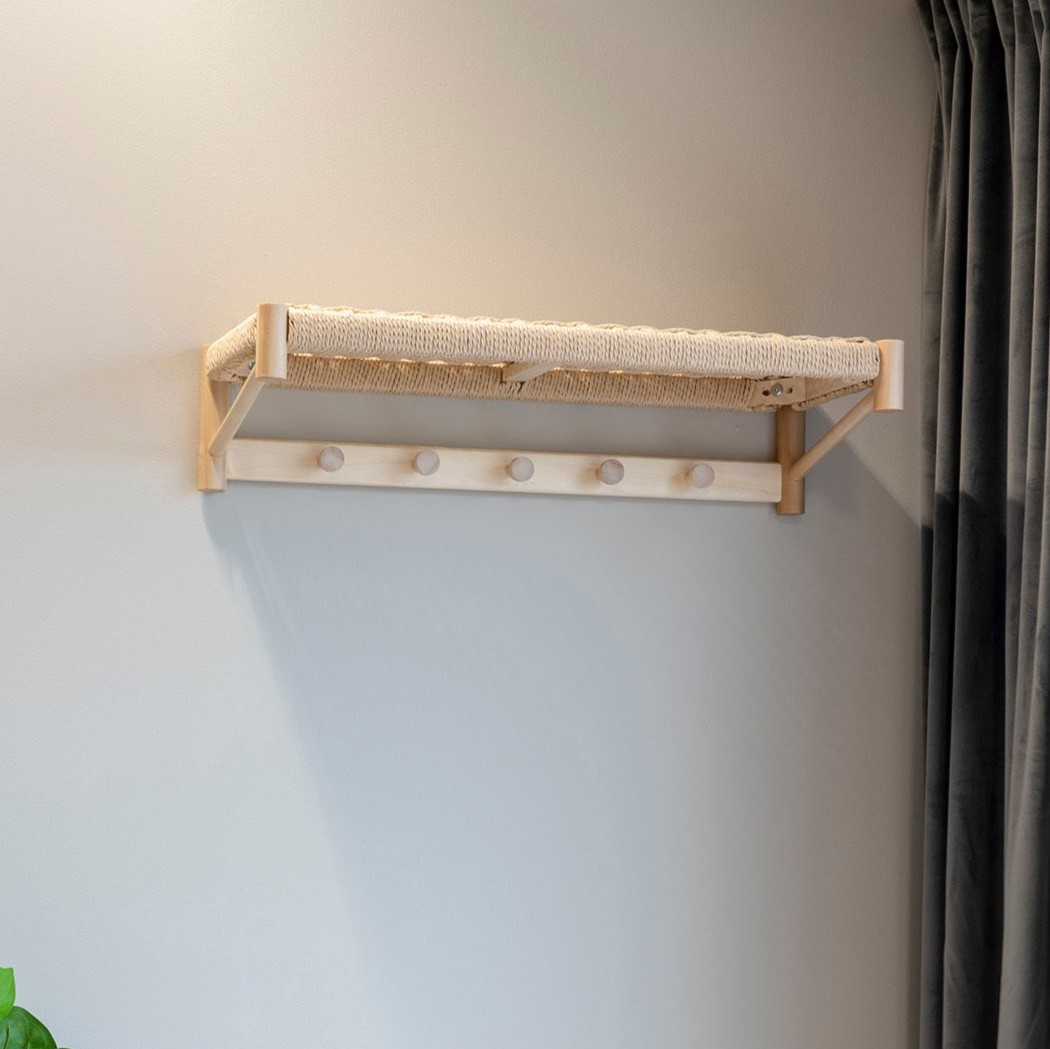 HOUSE NORDIC Abano hattehylde, m. flet hylde og 5 knager - natur papirsnor og poppeltræ (78x31)